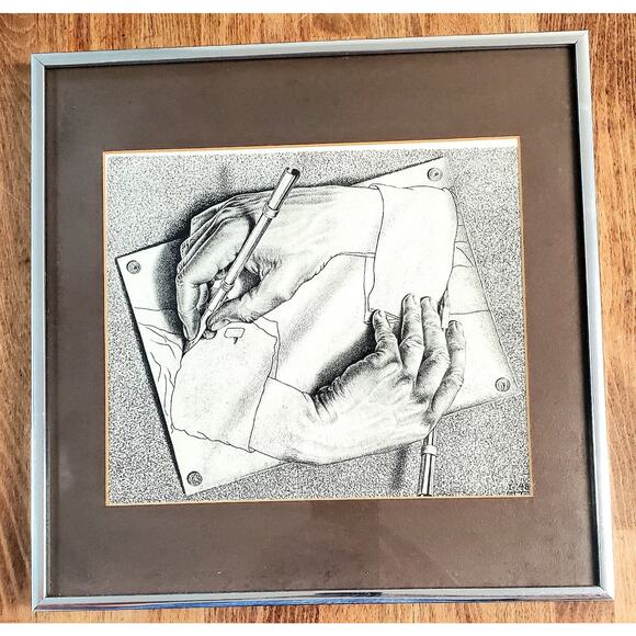 M C Escher Framed Matted Print “Drawing Hands” Authentic Vintage 14 x 14
